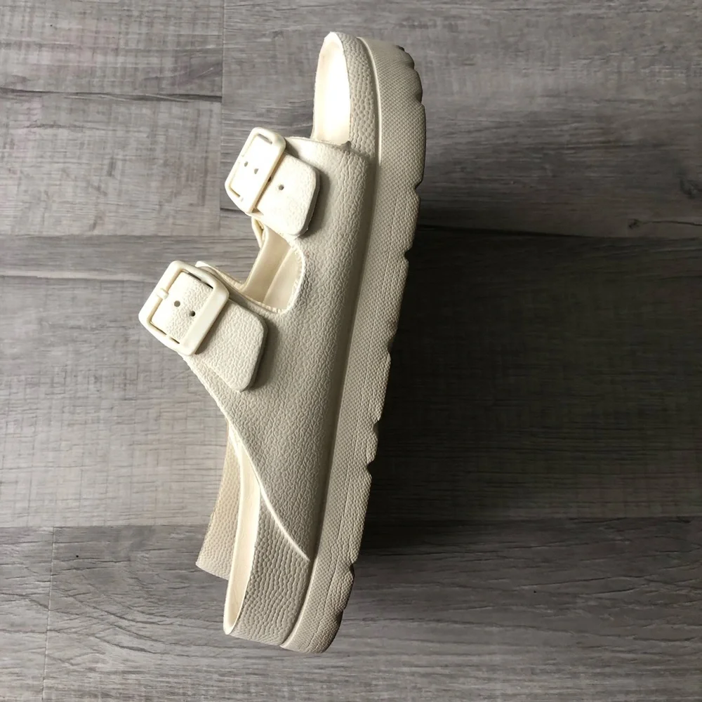 Women’s Cream Double-Buckle Slide Sandals
